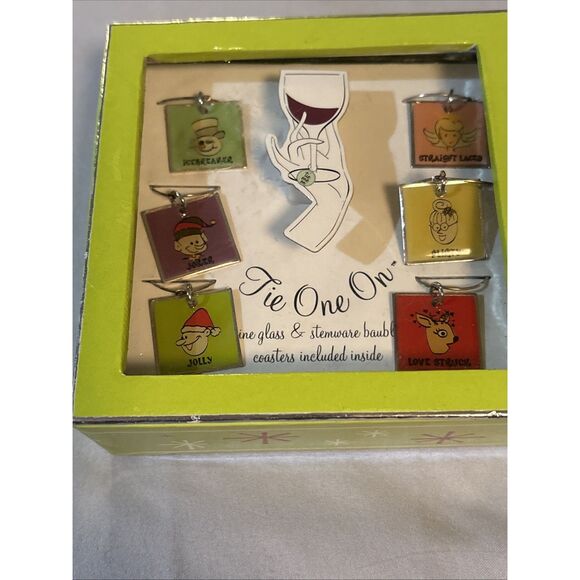 Tie One On Holiday Wine Glass Charm Stemware 6 Pc Coasters & Baubles - Picture 1 of 7